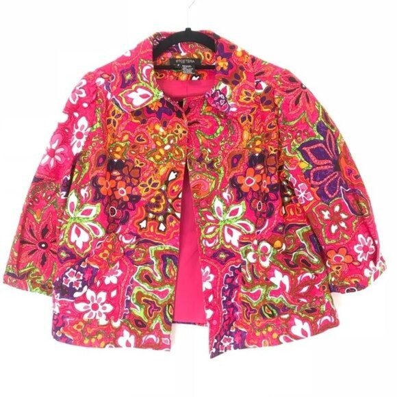 Etcetera Size 8 Multicolor Paisley Floral Swing Blazer Jacket 3/4 Sleeve Cotton - Picture 8 of 8